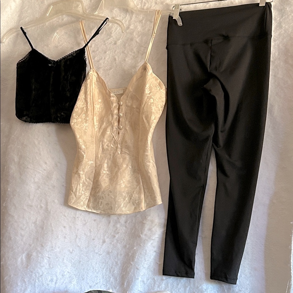 Three Piece Bundle 1 Cream & 1 Black Camisole Top & 1 Pair Black Leggings Size S